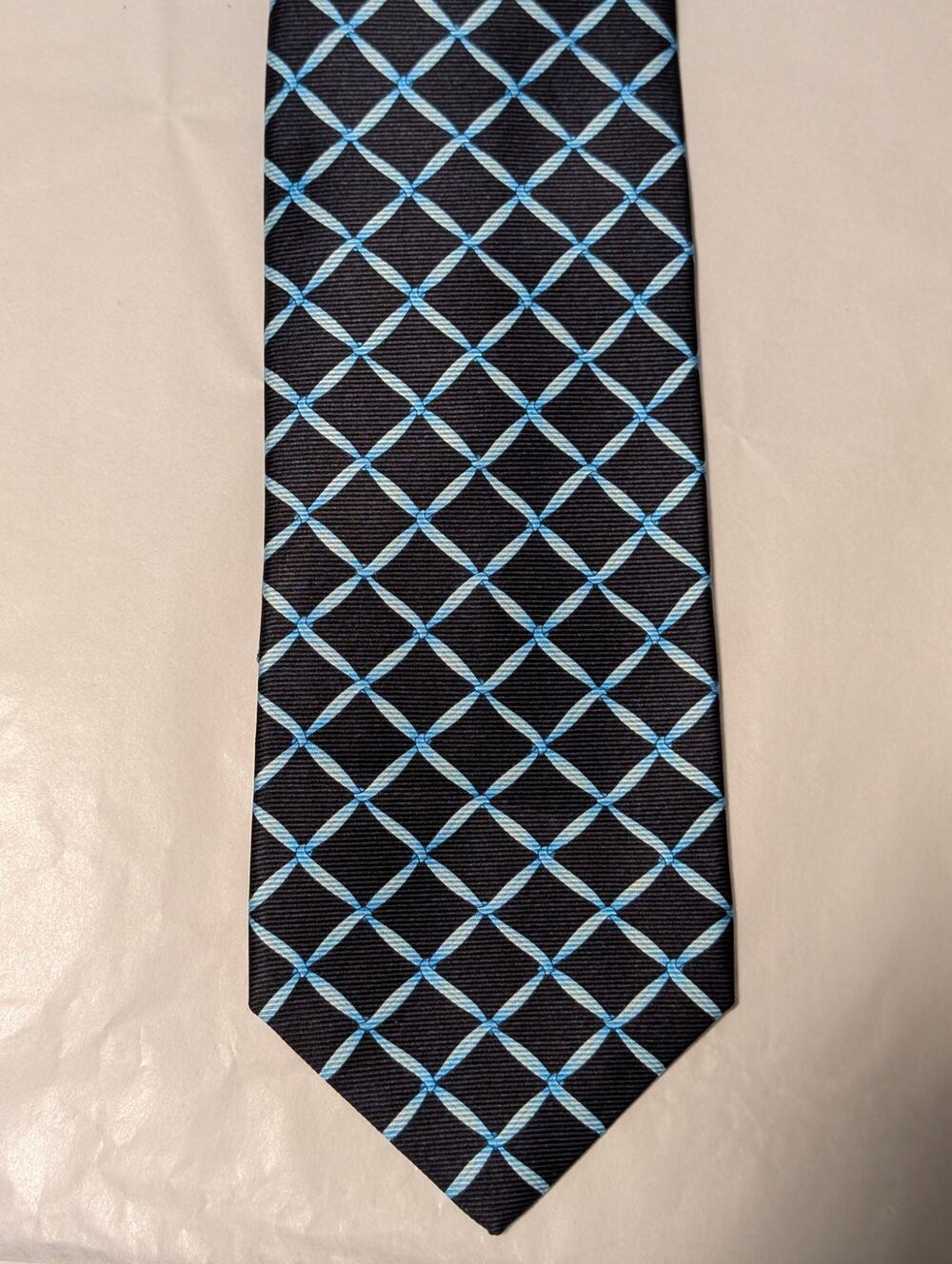 Rare Vintage Bulgari 100% Silk Men's Dark Blue Tie With White & Blue Lattice